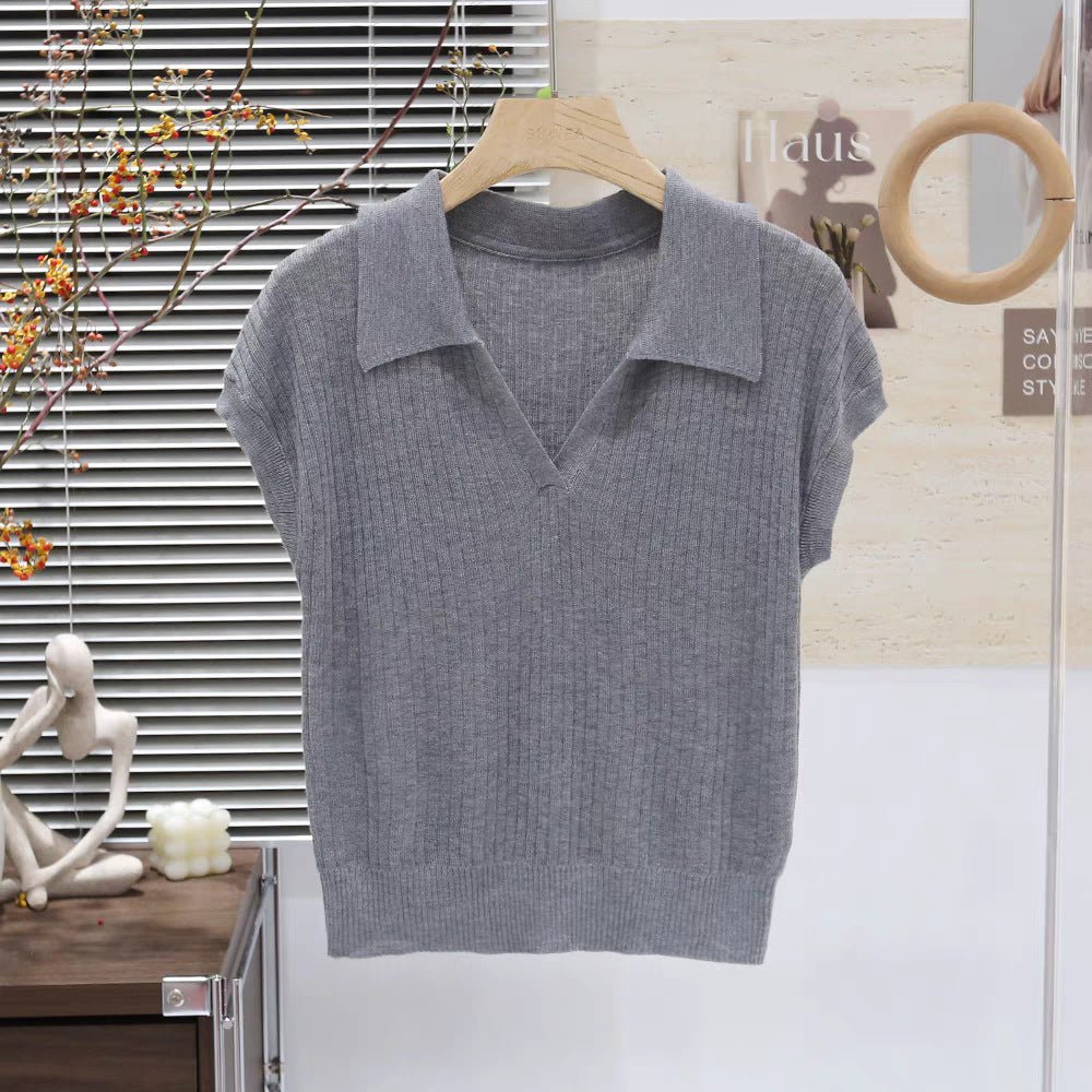 Solid color knitted short - sleeved t-shirt women's autumn fashion foreign style polo collar thin versatile shirt chic popular top - Negative Apparel