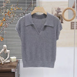 Solid color knitted short - sleeved t-shirt women's autumn fashion foreign style polo collar thin versatile shirt chic popular top - Negative Apparel