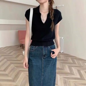Solid color knitted short - sleeved t-shirt women's autumn fashion foreign style polo collar thin versatile shirt chic popular top - Negative Apparel