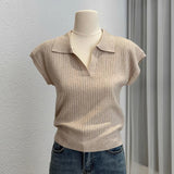 Solid color knitted short - sleeved t-shirt women's autumn fashion foreign style polo collar thin versatile shirt chic popular top - Negative Apparel