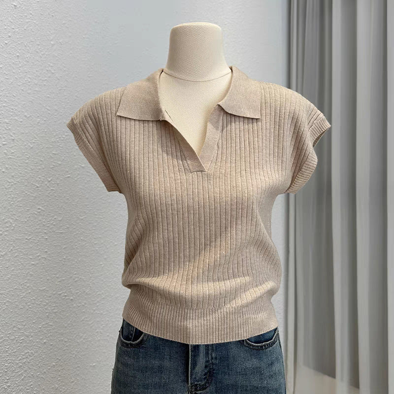Solid color knitted short - sleeved t-shirt women's autumn fashion foreign style polo collar thin versatile shirt chic popular top - Negative Apparel