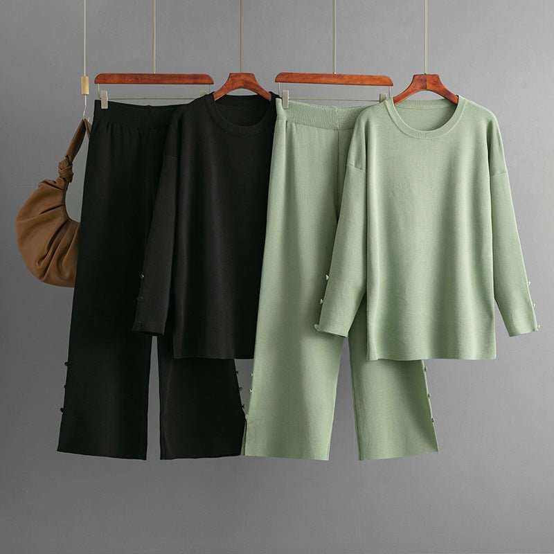 Solid color large size knitted sweater co - ord set casual two - piece set - Negative Apparel