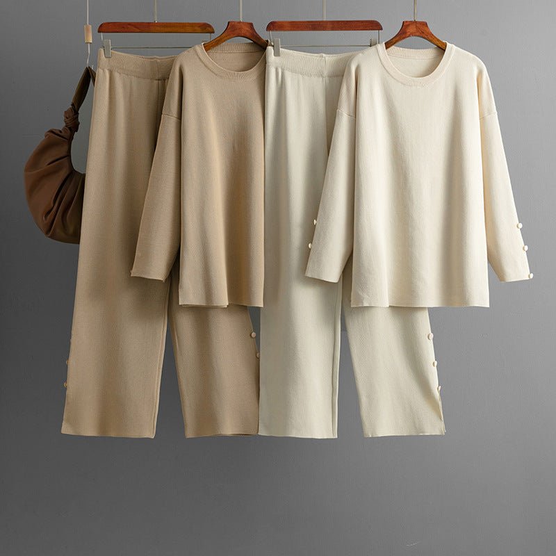 Solid color large size knitted sweater co - ord set casual two - piece set - Negative Apparel