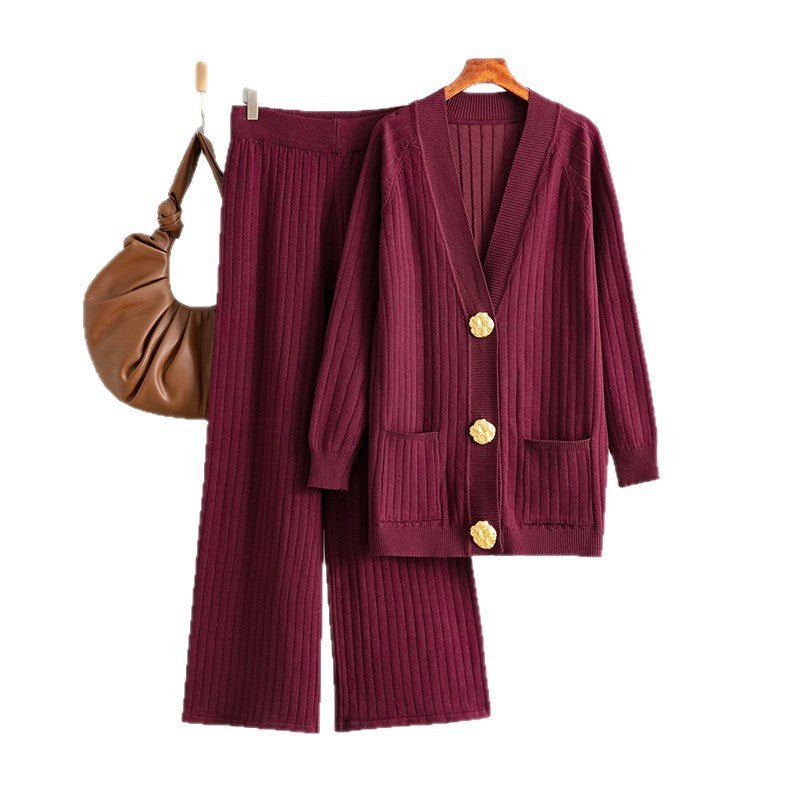 Solid color loose metal button cardigan set + wide - leg pants two - piece set for women - Negative Apparel