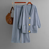 Solid color loose metal button cardigan set + wide - leg pants two - piece set for women - Negative Apparel