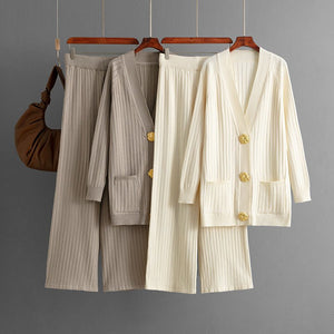 Solid color loose metal button cardigan set + wide - leg pants two - piece set for women - Negative Apparel