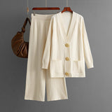 Solid color loose metal button cardigan set + wide - leg pants two - piece set for women - Negative Apparel