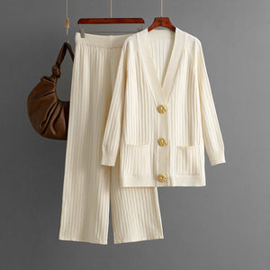 Solid color loose metal button cardigan set + wide - leg pants two - piece set for women - Negative Apparel