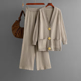 Solid color loose metal button cardigan set + wide - leg pants two - piece set for women - Negative Apparel