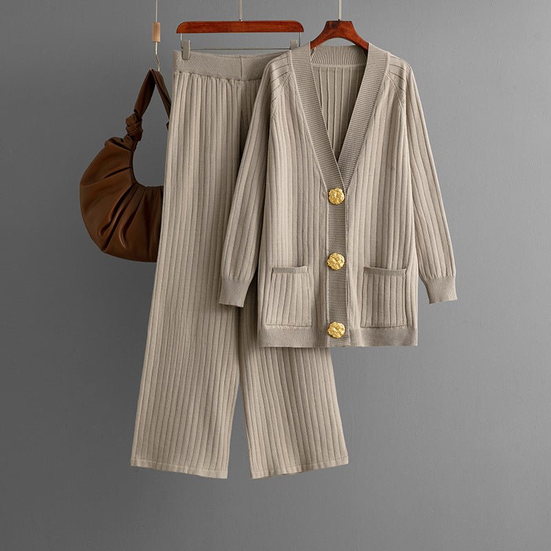 Solid color loose metal button cardigan set + wide - leg pants two - piece set for women - Negative Apparel