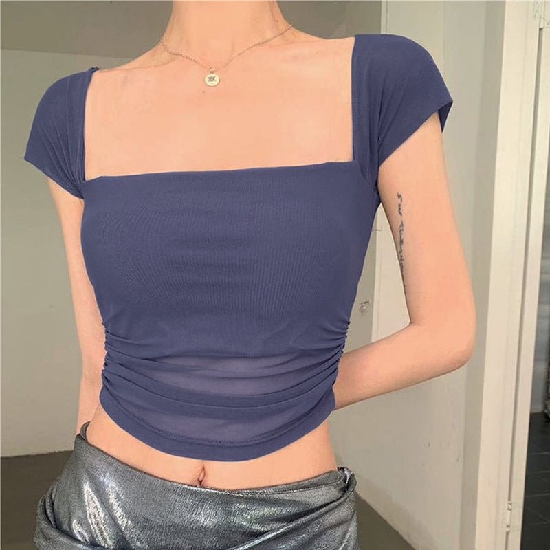 Solid color mesh cami splicing short - sleeved bottoming top - Negative Apparel