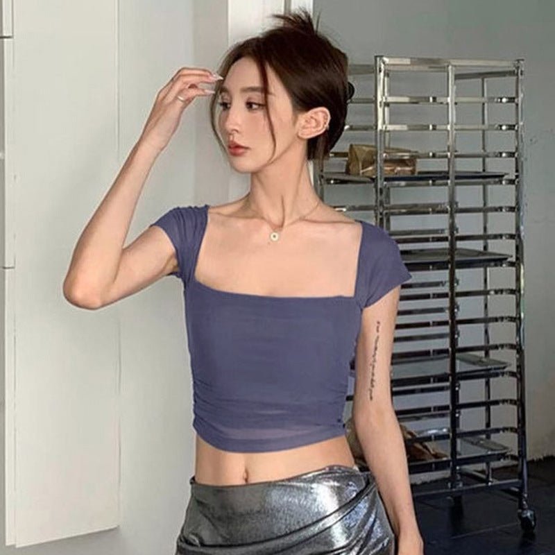 Solid color mesh cami splicing short - sleeved bottoming top - Negative Apparel