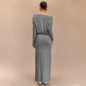 Solid color oblique collar drop shoulder long sleeve full dress - Negative Apparel