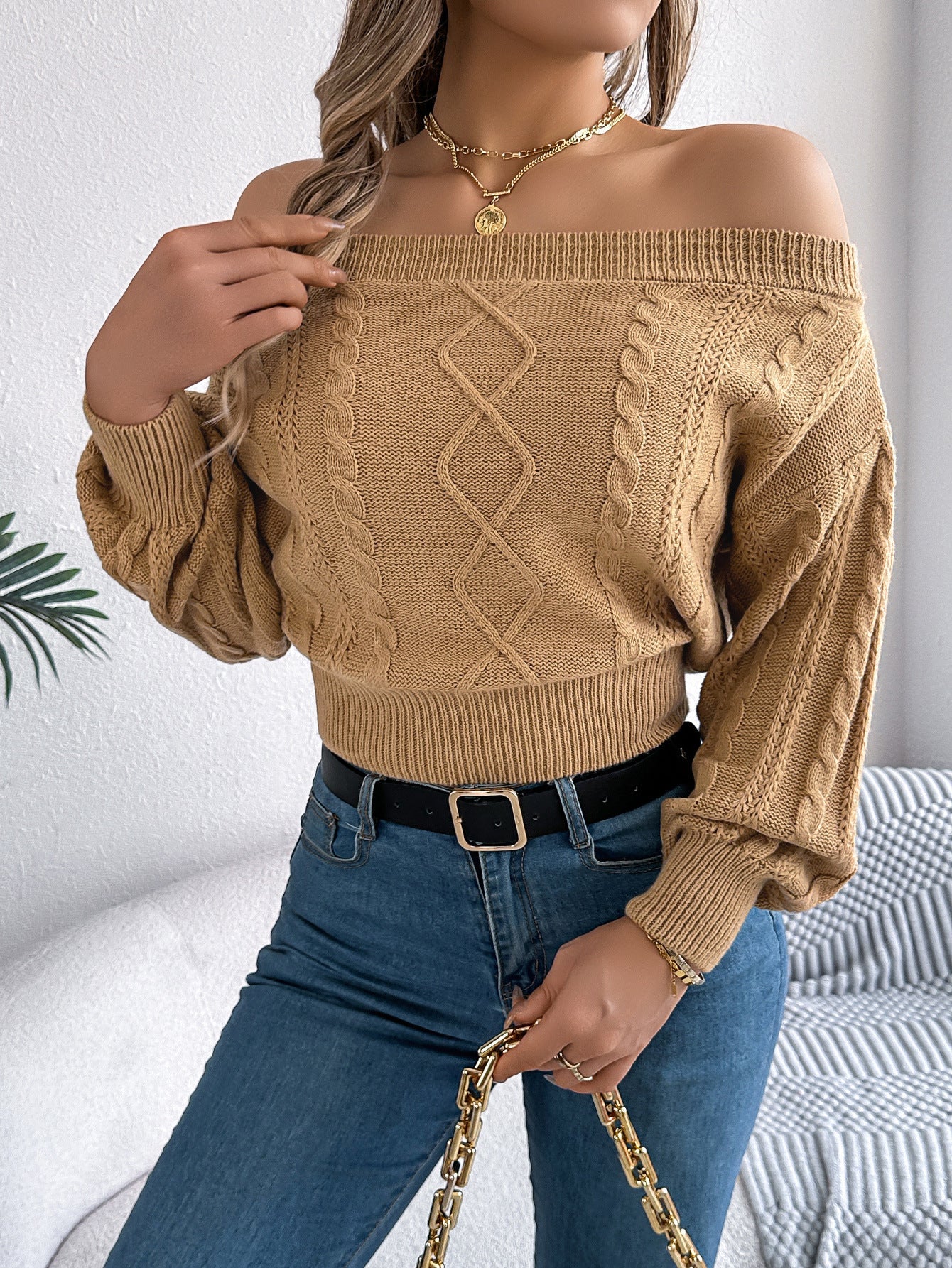 Solid color one - shoulder off - shoulder long - sleeved sweater - Negative Apparel