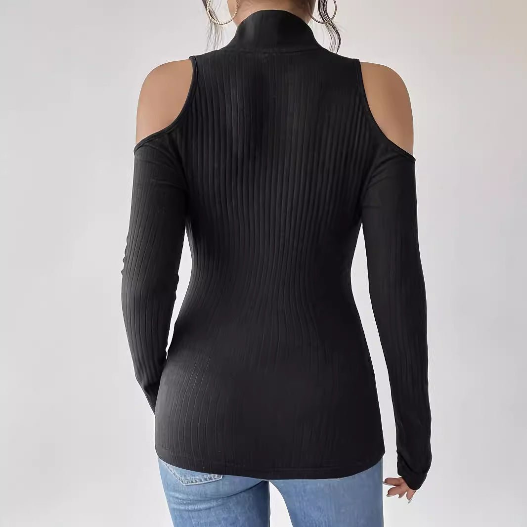 Solid color pit strip free zipper stand - up collar off - the - shoulder long - sleeved T-shirt looks thin - Negative Apparel