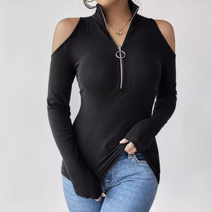 Solid color pit strip free zipper stand - up collar off - the - shoulder long - sleeved T-shirt looks thin - Negative Apparel