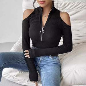 Solid color pit strip free zipper stand - up collar off - the - shoulder long - sleeved T-shirt looks thin - Negative Apparel