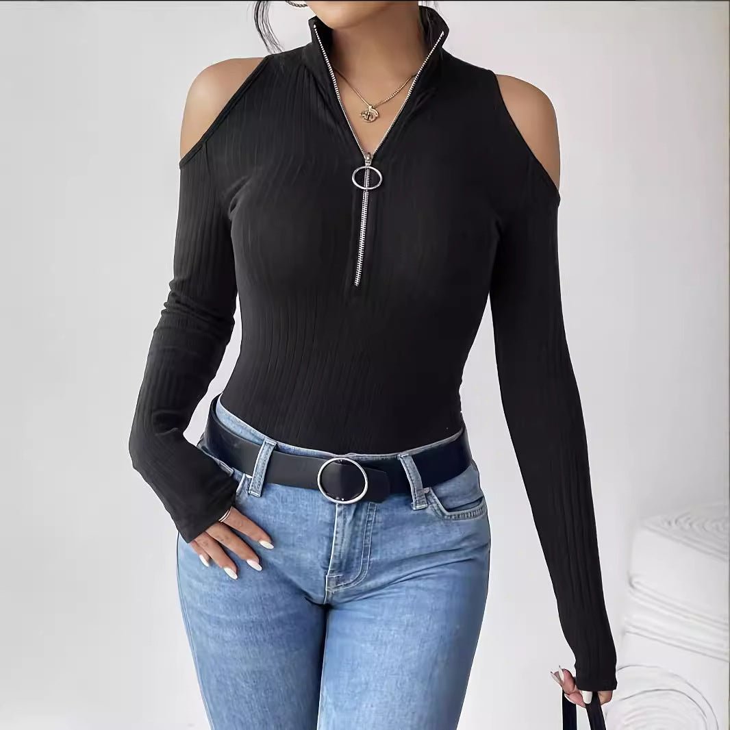 Solid color pit strip free zipper stand - up collar off - the - shoulder long - sleeved T-shirt looks thin - Negative Apparel
