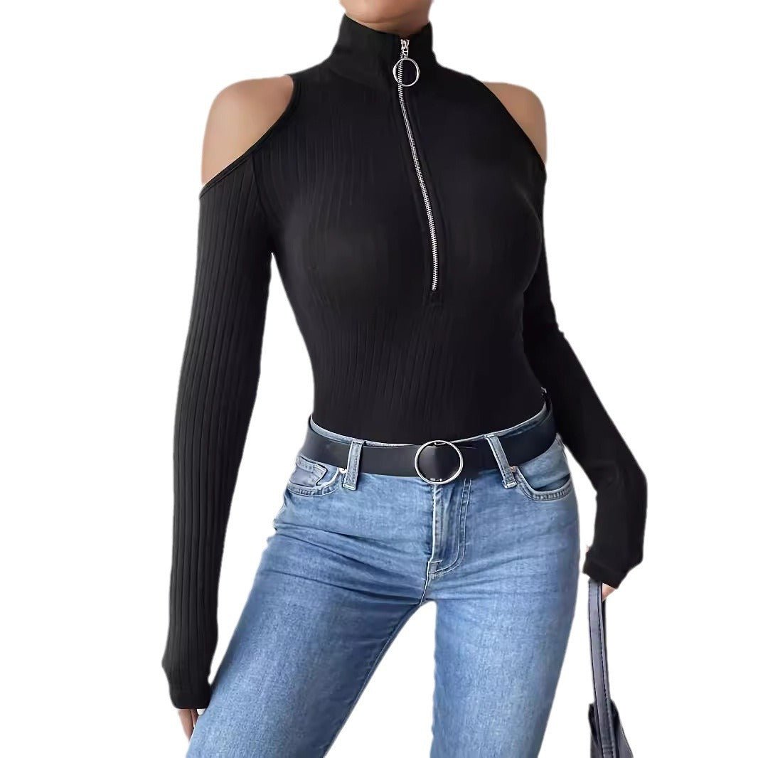 Solid color pit strip free zipper stand - up collar off - the - shoulder long - sleeved T-shirt looks thin - Negative Apparel
