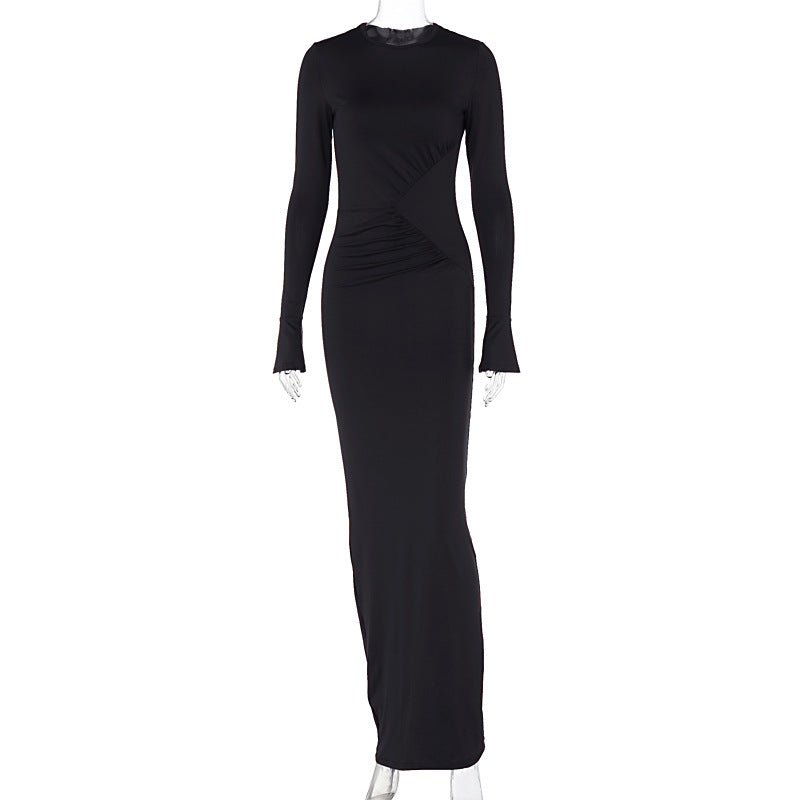 Solid color round neck bodycon pleated slim long sleeve dress