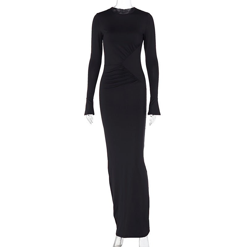 Solid color round neck bodycon pleated slim long sleeve dress - Negative Apparel