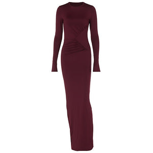 Solid color round neck bodycon pleated slim long sleeve dress - Negative Apparel