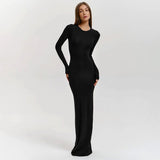 Solid color round neck long sleeve waist basic floor - length dress - Negative Apparel