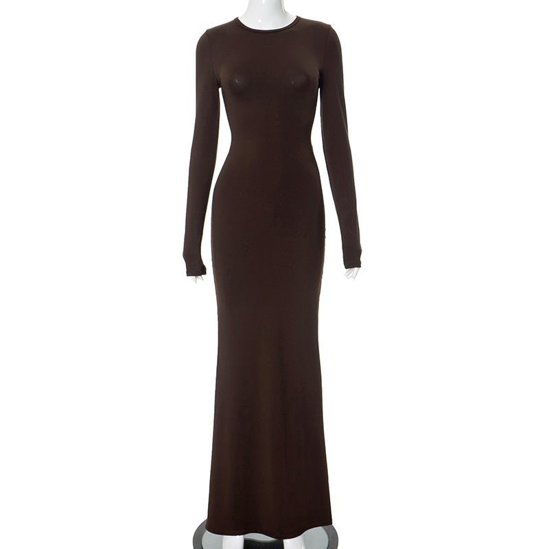 Solid color round neck long sleeve waist basic floor - length dress - Negative Apparel