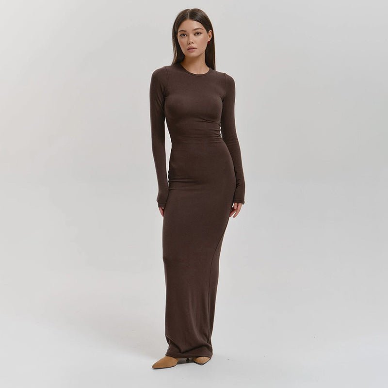 Solid color round neck long sleeve waist basic floor - length dress - Negative Apparel