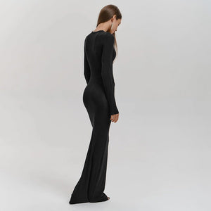 Solid color round neck long sleeve waist basic floor - length dress - Negative Apparel