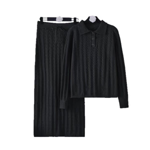Solid color simple high - end polo neck knitted twist top straight skirt two - piece set - Negative Apparel