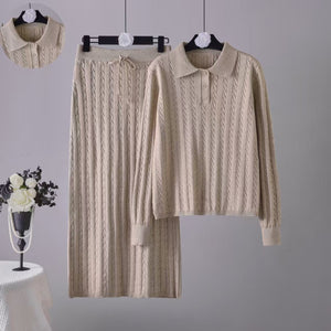 Solid color simple high - end polo neck knitted twist top straight skirt two - piece set - Negative Apparel