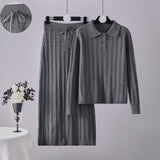 Solid color simple high - end polo neck knitted twist top straight skirt two - piece set - Negative Apparel