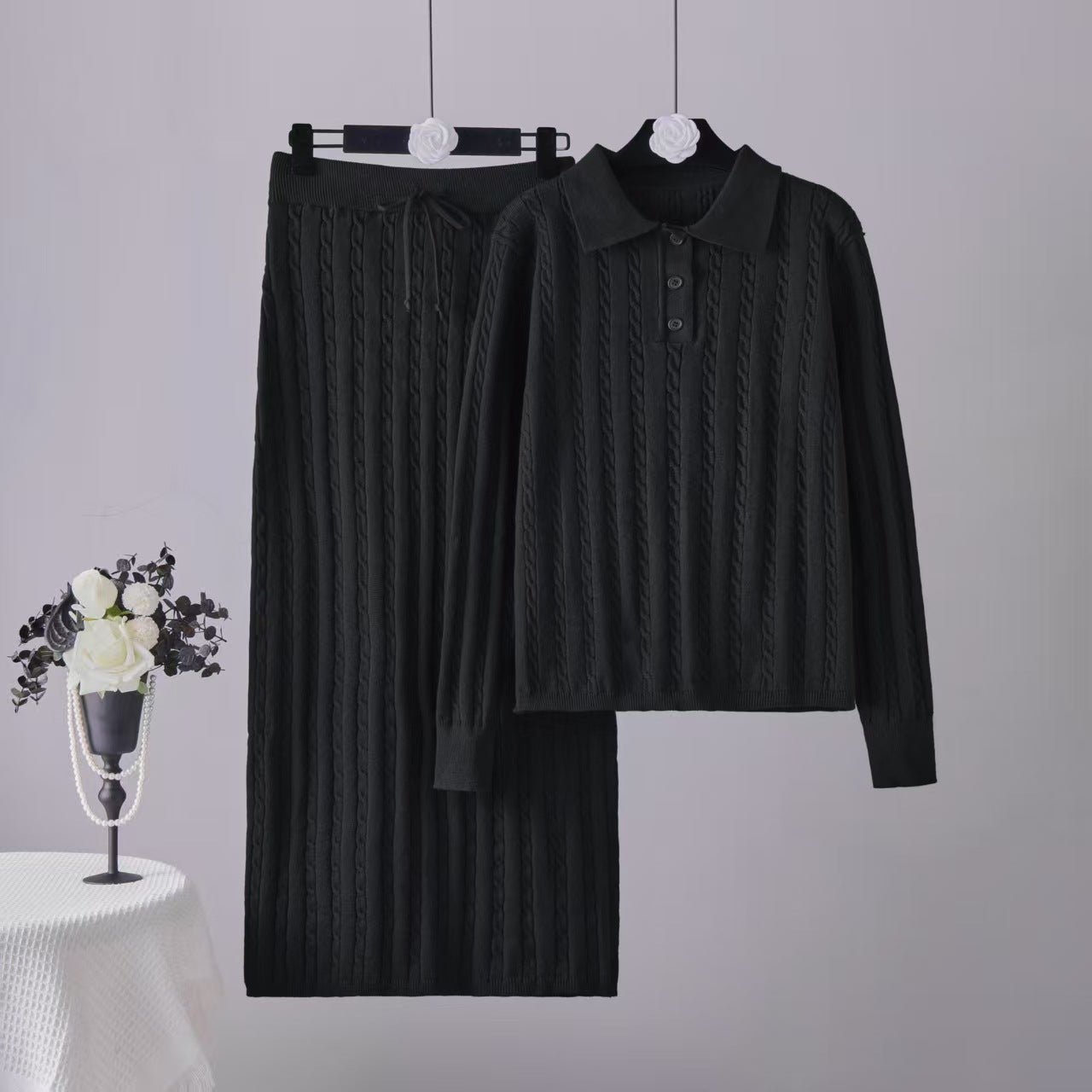 Solid color simple high - end polo neck knitted twist top straight skirt two - piece set - Negative Apparel