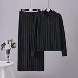 Solid color simple high - end polo neck knitted twist top straight skirt two - piece set - Negative Apparel
