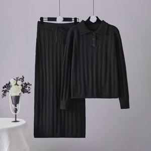 Solid color simple high - end polo neck knitted twist top straight skirt two - piece set - Negative Apparel