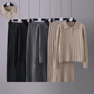 Solid color simple high - end polo neck knitted twist top straight skirt two - piece set - Negative Apparel