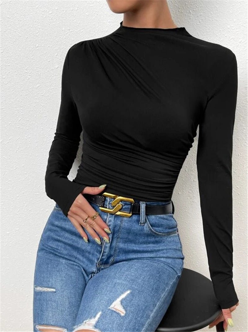 Solid color slim bottoming shirt versatile pleated design long - sleeved T-shirt - Negative Apparel