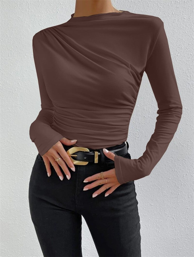 Solid color slim bottoming shirt versatile pleated design long - sleeved T-shirt - Negative Apparel