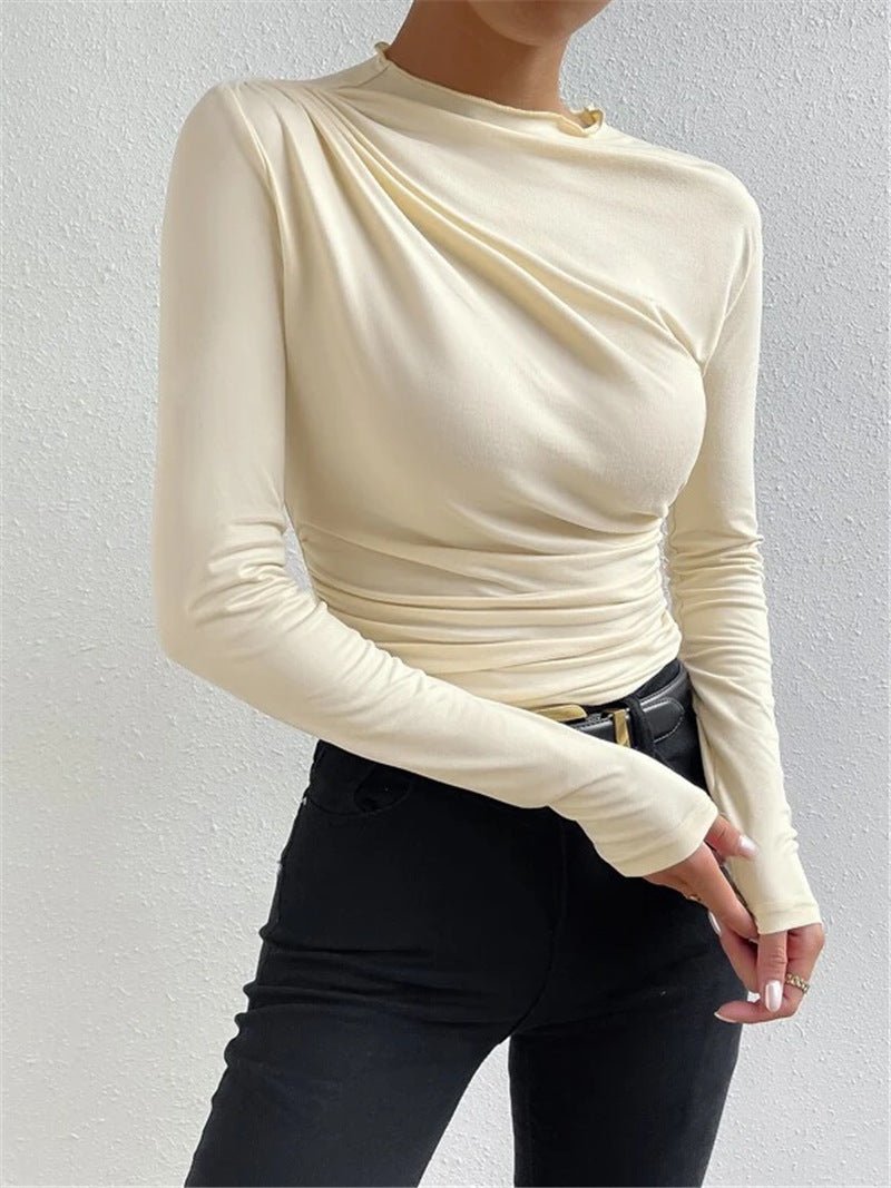 Solid color slim bottoming shirt versatile pleated design long - sleeved T-shirt - Negative Apparel