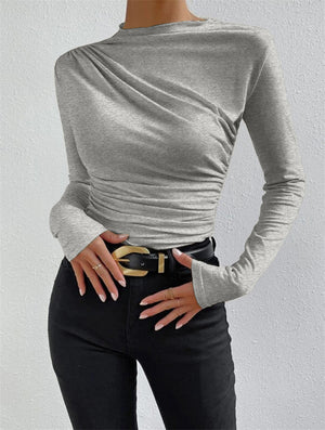 Solid color slim bottoming shirt versatile pleated design long - sleeved T-shirt - Negative Apparel