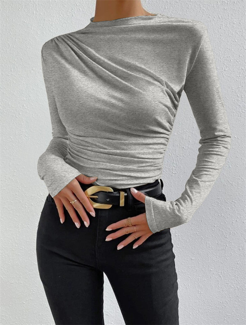 Solid color slim bottoming shirt versatile pleated design long - sleeved T-shirt - Negative Apparel