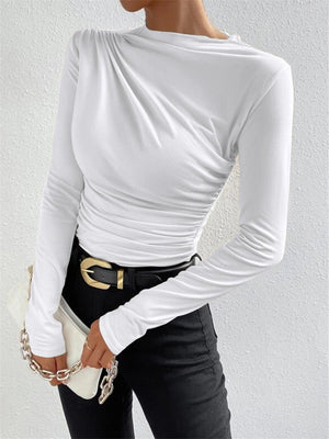 Solid color slim bottoming shirt versatile pleated design long - sleeved T-shirt - Negative Apparel