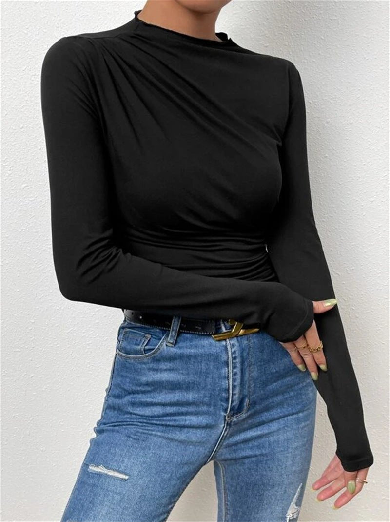 Solid color slim bottoming shirt versatile pleated design long - sleeved T-shirt - Negative Apparel