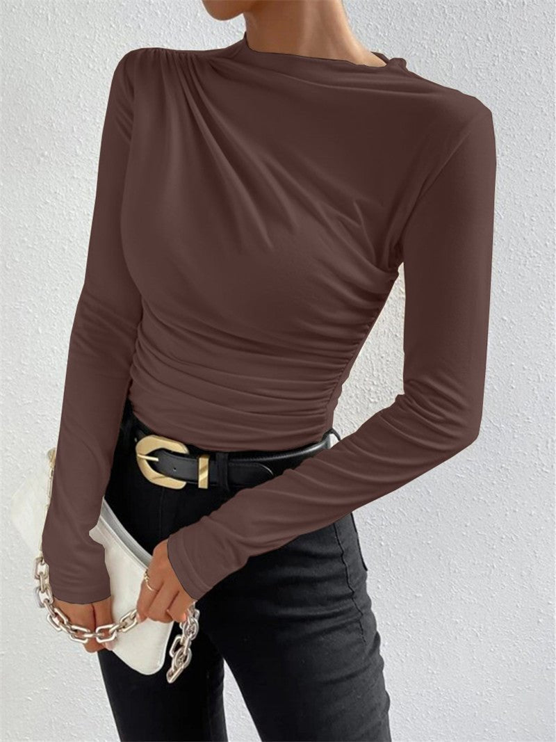Solid color slim bottoming shirt versatile pleated design long - sleeved T-shirt - Negative Apparel