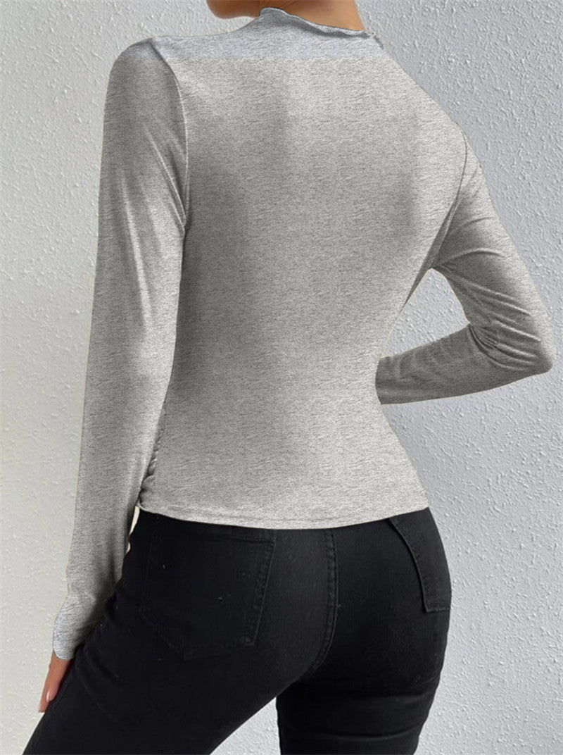 Solid color slim bottoming shirt versatile pleated design long - sleeved T-shirt - Negative Apparel