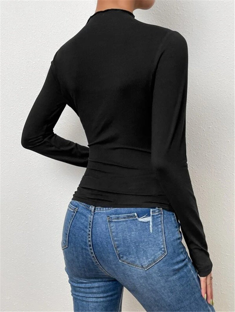 Solid color slim bottoming shirt versatile pleated design long - sleeved T-shirt - Negative Apparel