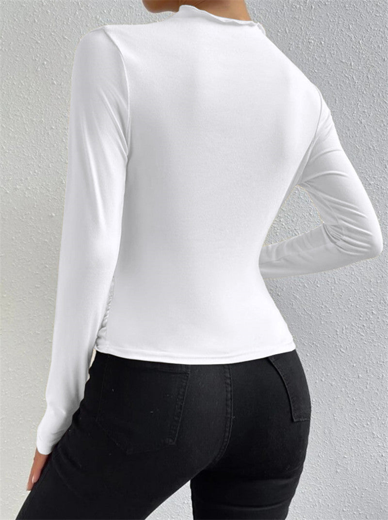 Solid color slim bottoming shirt versatile pleated design long - sleeved T-shirt - Negative Apparel