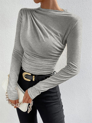 Solid color slim bottoming shirt versatile pleated design long - sleeved T-shirt - Negative Apparel