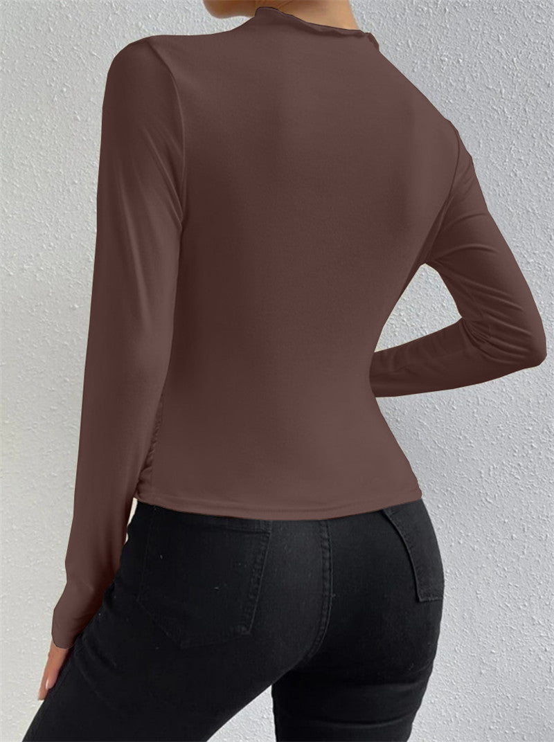 Solid color slim bottoming shirt versatile pleated design long - sleeved T-shirt - Negative Apparel